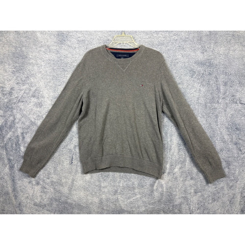Tommy Hilfiger Mens L Gray Crewneck Sweater Cotton Knit Logo Pullover
